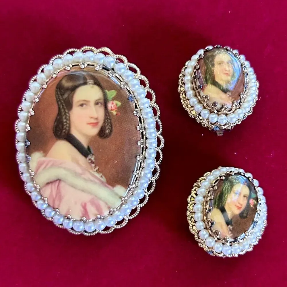 Vintage W. Germany Victorian Revival Cameo Brooch & Clip-On Earring Set